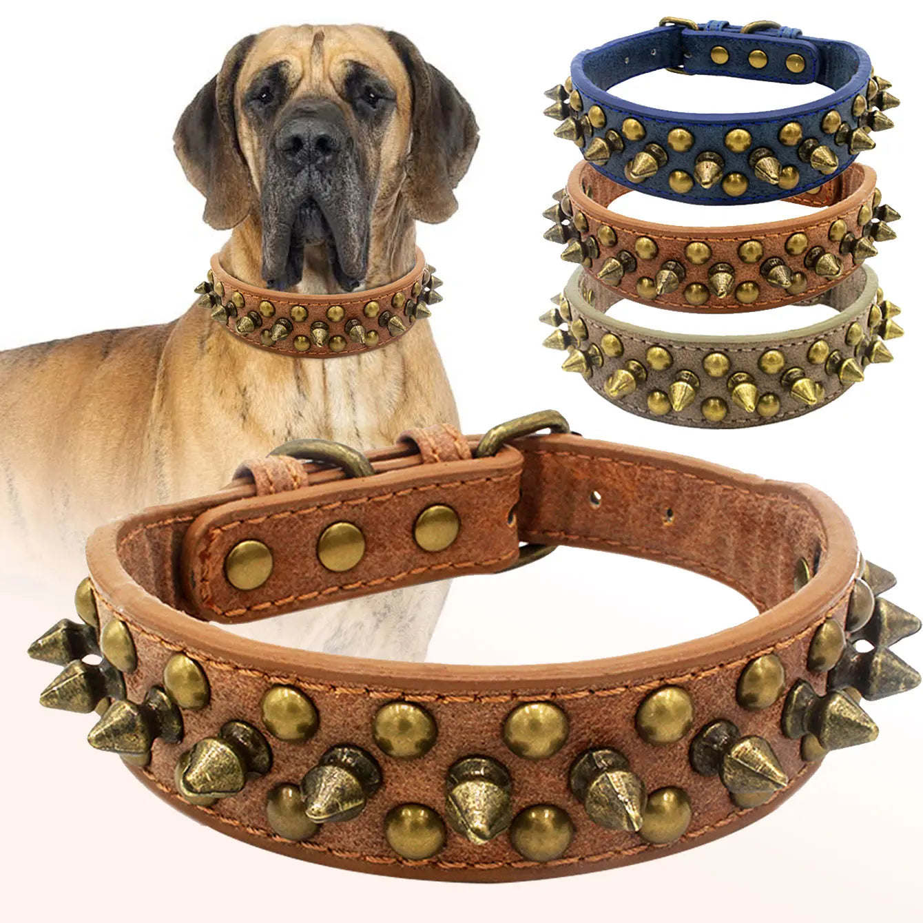 CP037-1 – Vintage Brass Rivet Dog Collar – Heavy-Duty Adjustable PU Leather Collar for Medium & Large Dogs
