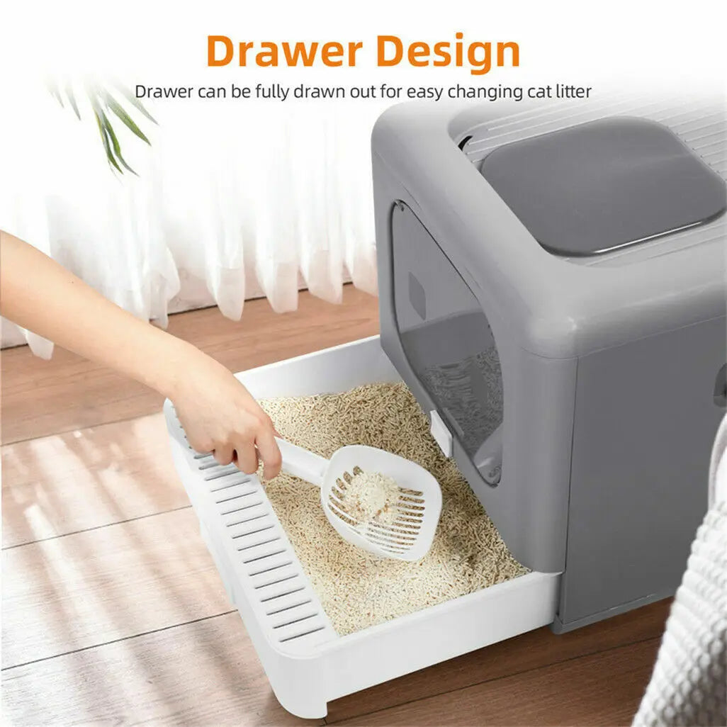 Enclosed Foldable Cat Litter Box with Scoop & Tray – Sifting, Detachable Design with Top & Front Entry for Easy Cleaning