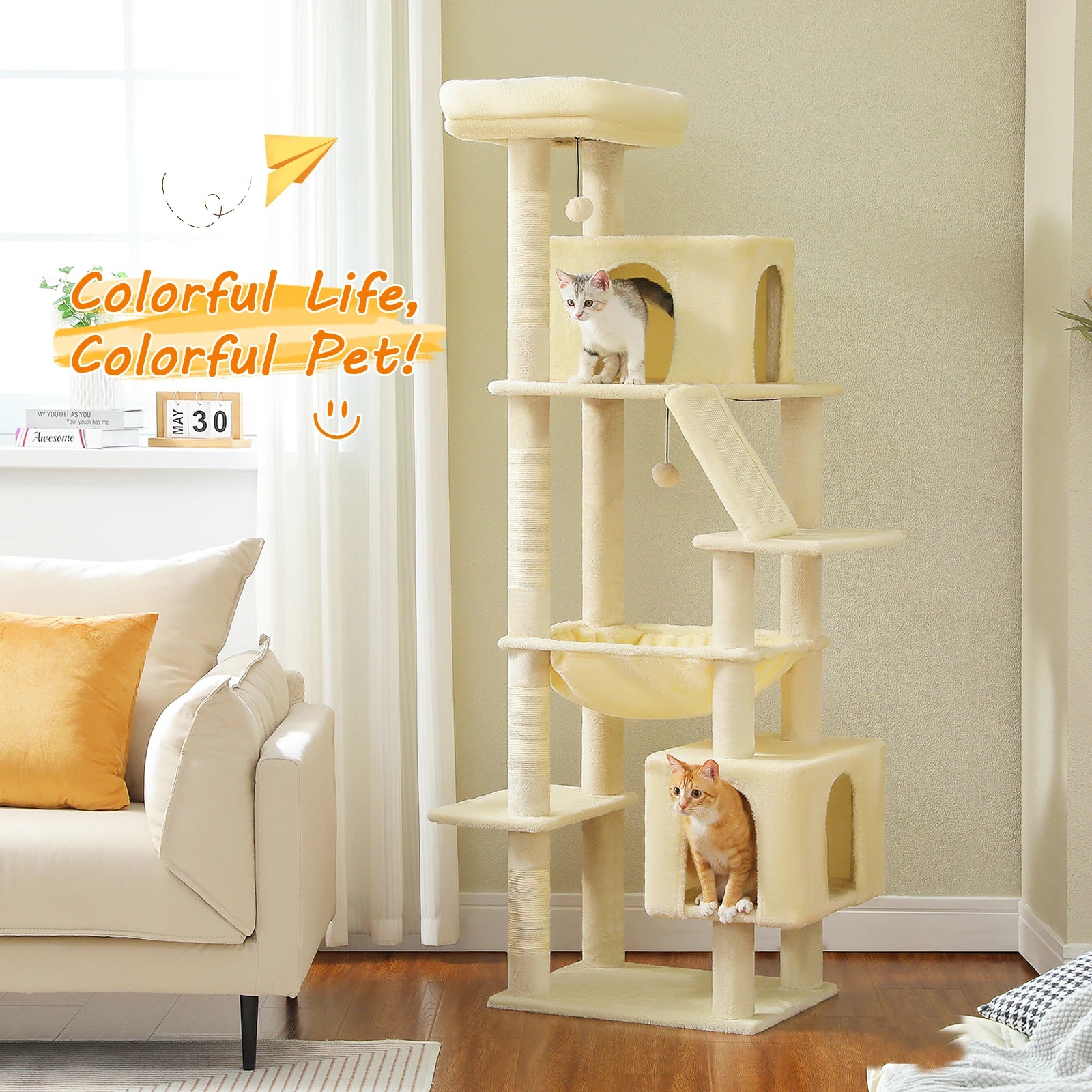 180cm Large Cat Tree Tower – Multi-Level Cat Condo with Hammock, Spacious Perch & Sisal Scratching Posts
