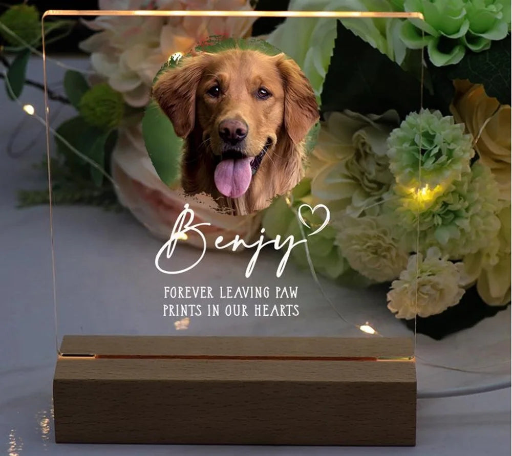 Custom Pet Memorial Photo Plaque – Acrylic Frame with Wooden Base