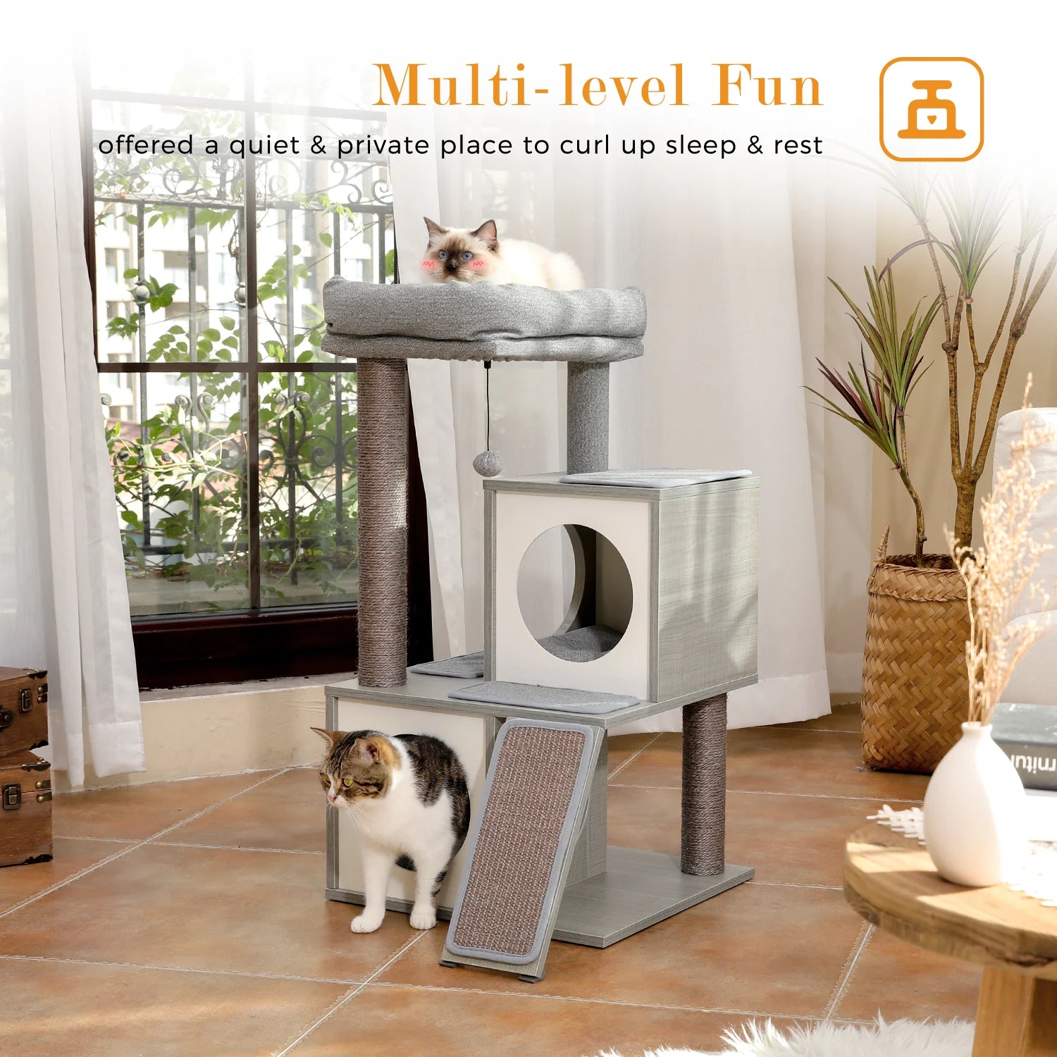 Wooden Cat Tower – Double Condos with Scratching Posts & Perches