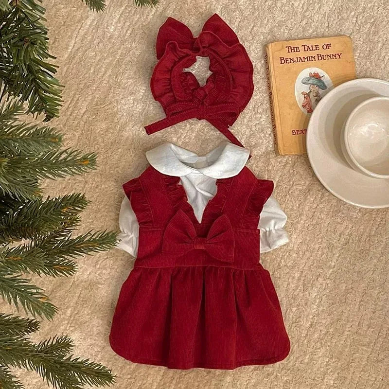 Winter Puppy Princess Dress – Warm Bow Knot Dog Dress Set with Hair Clip