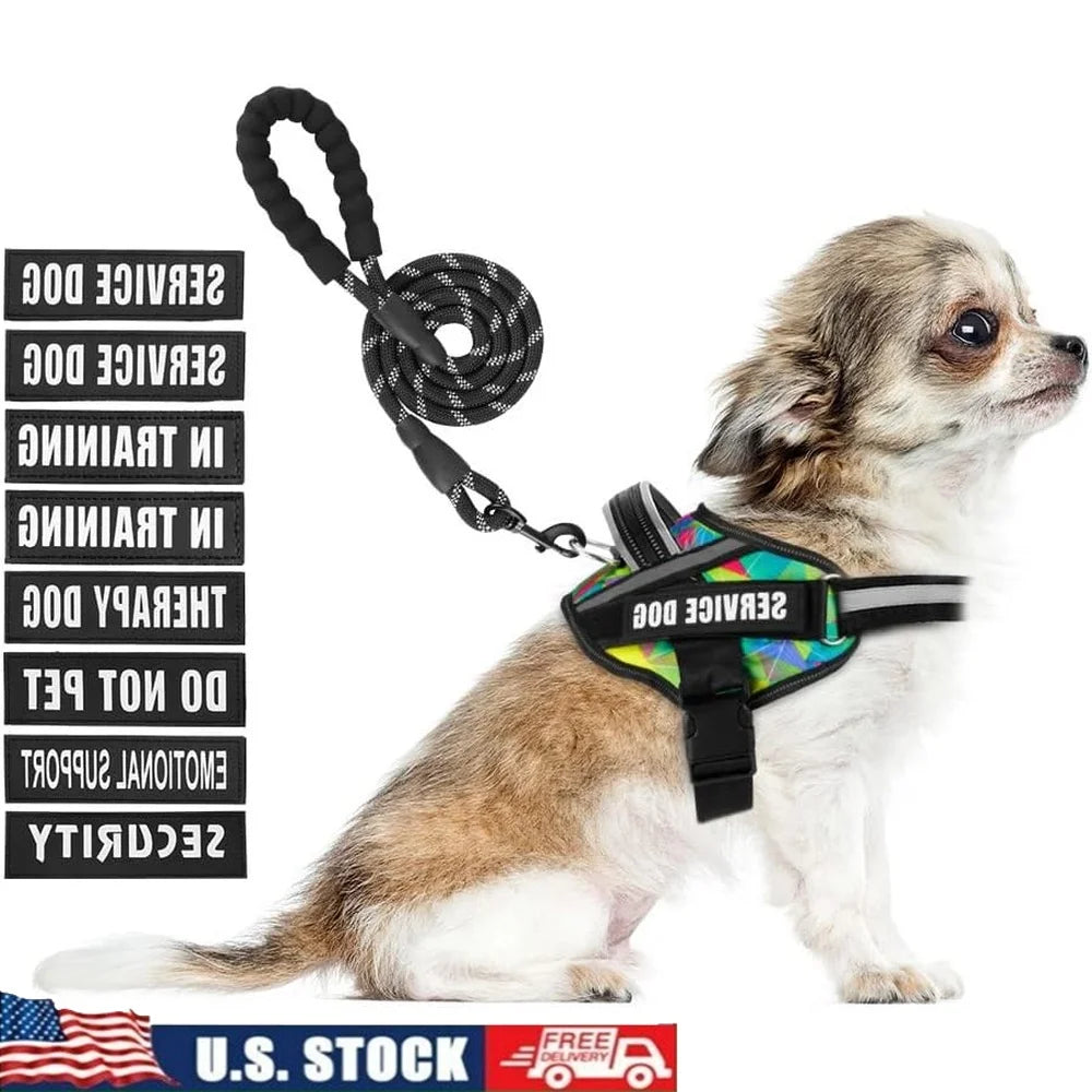 Service Dog Harness & Leash Set – Reflective No Pull Training Vest with 10 Patches, Multi-Color, Sizes Small to XL