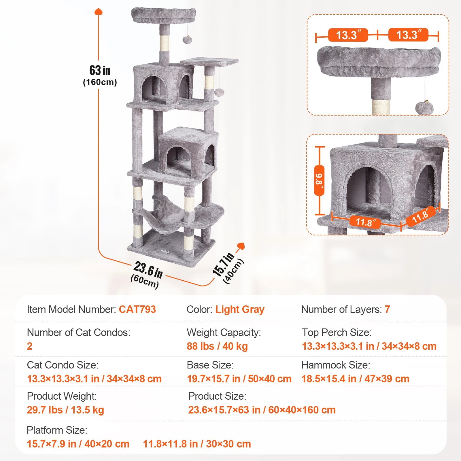 VEVOR 45.2" Cat Tree Tower – Multi-Level Cat Condo with Hammock, Top Perch & Sisal Scratching Posts (Dark Grey)