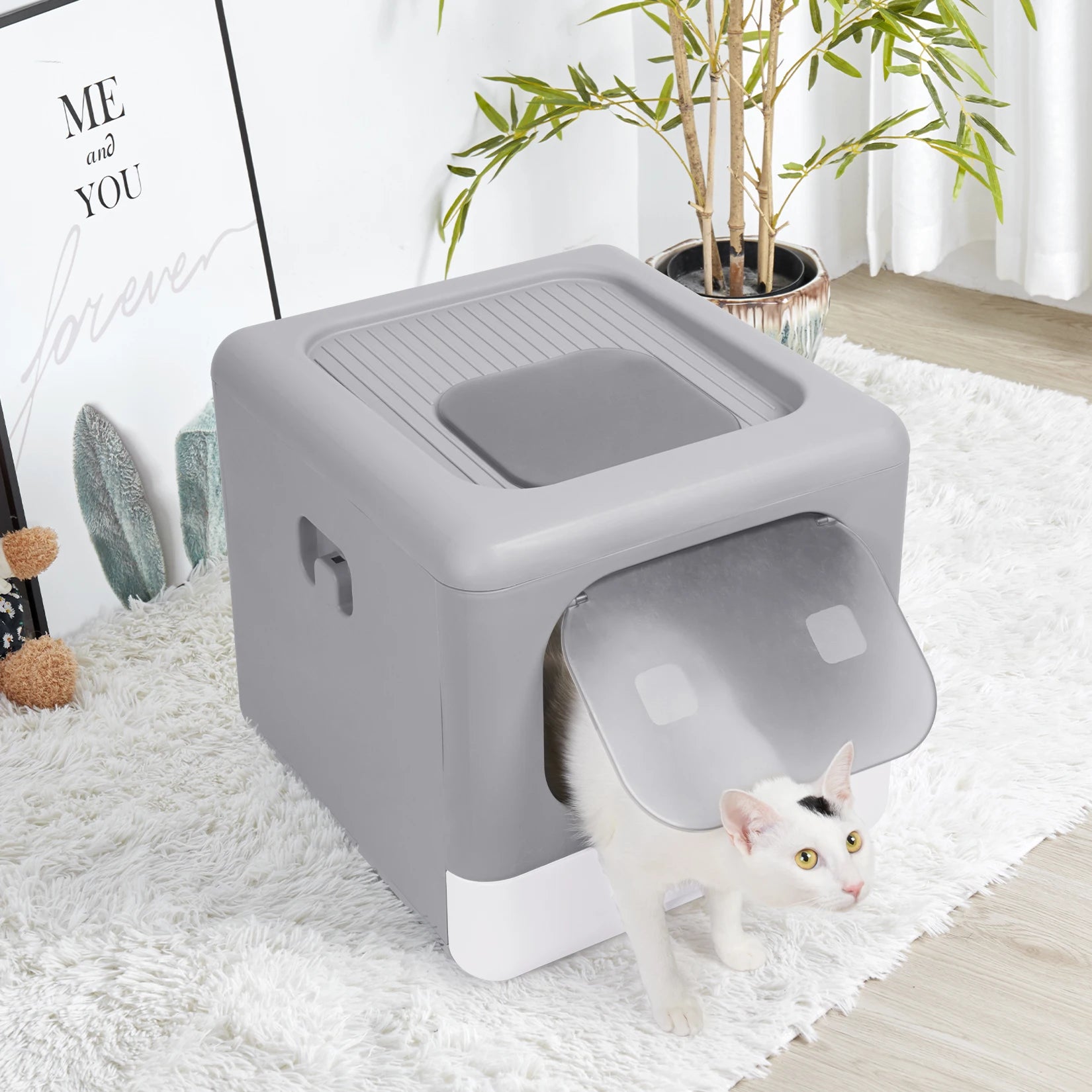 Enclosed Foldable Cat Litter Box with Scoop & Tray – Sifting, Detachable Design with Top & Front Entry for Easy Cleaning