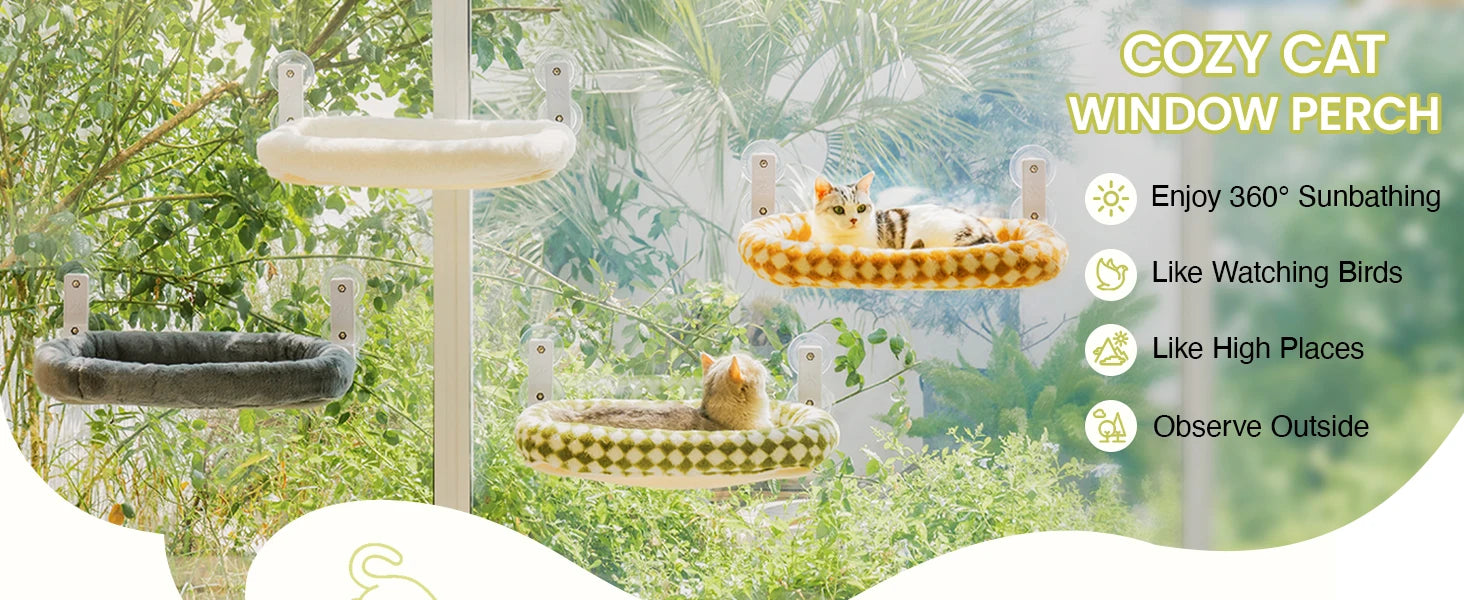 Mewoofun Foldable Cat Window Perch – Cordless Cat Hammock with 4 Strong Suction Cups & Removable Soft Cover (White, Brown, Green)