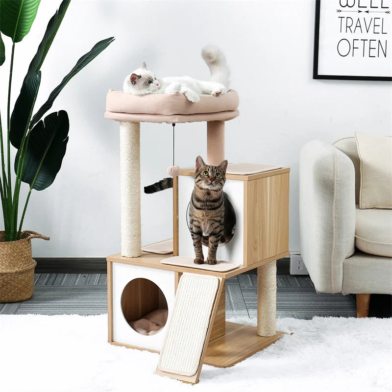 130cm Cat Tree Tower – Wooden Indoor Cat Condo with Hammock & Perches
