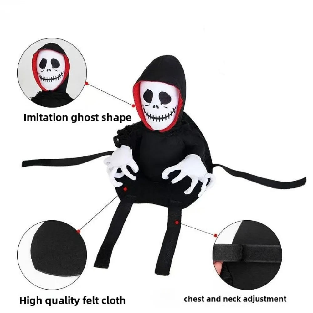 Halloween Death Rider Dog Costume – Adjustable Skeleton Rider Outfit for Cats & Dogs