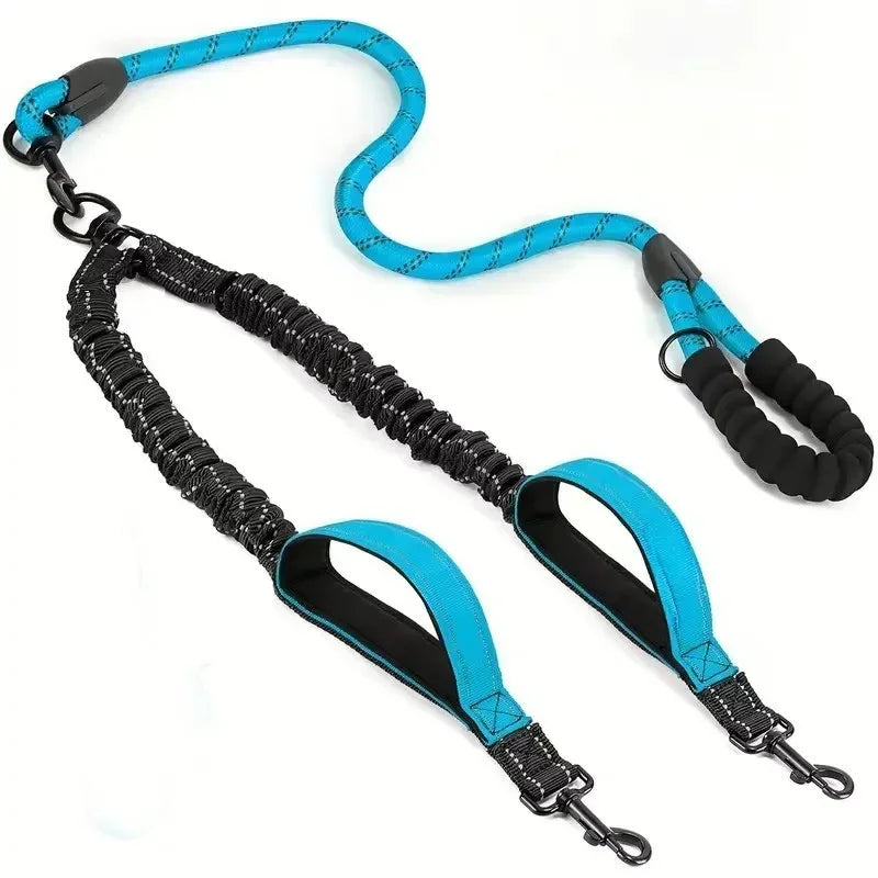 Reflective Double Dog Leash – 360° No-Tangle Dual Walking Leash with Two Traffic Handles & Shock Absorption