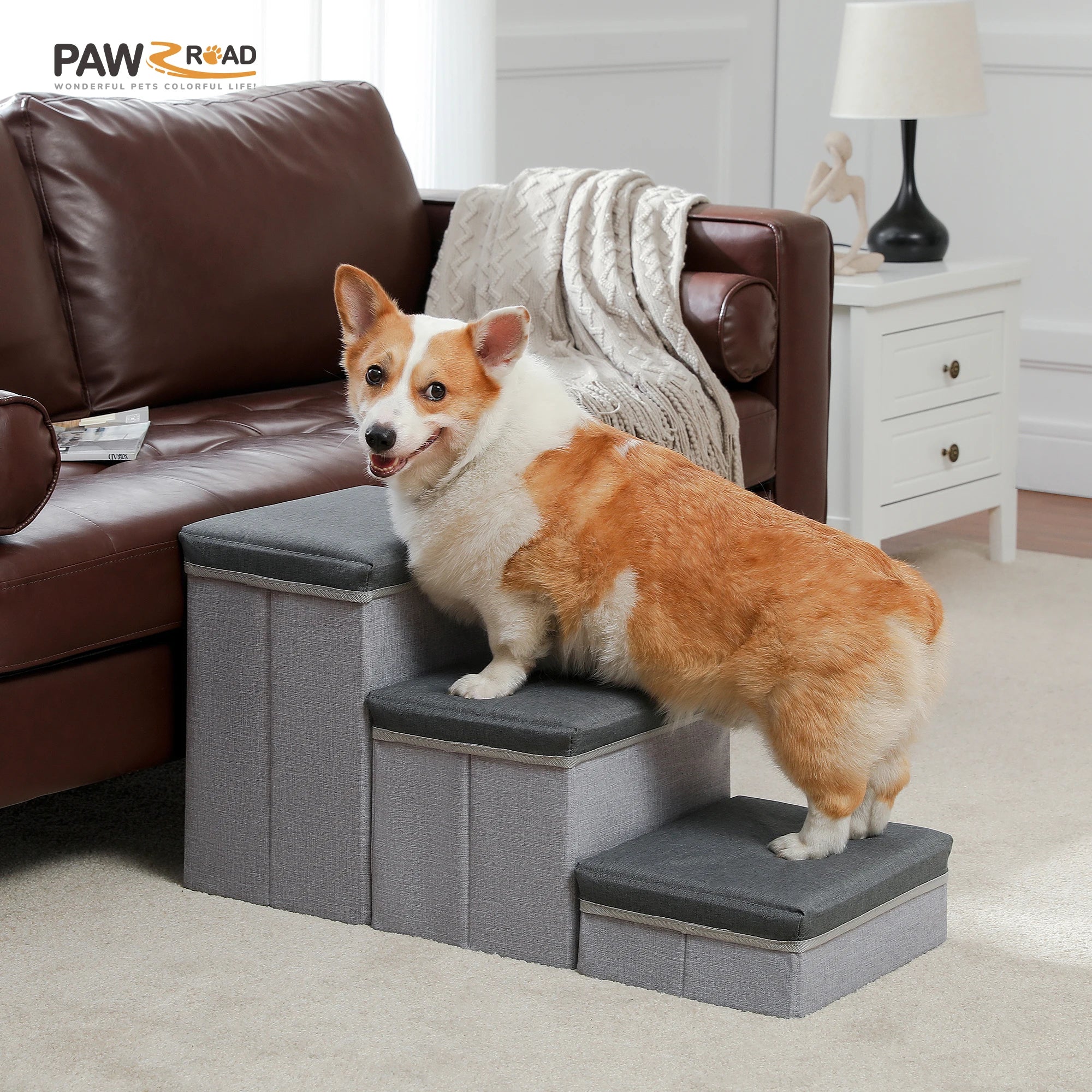 3-Tier Foldable Dog Stairs with Storage – Adjustable Height Pet Steps with Non-Slip Surface for Small & Senior Dogs and Cats (Indoor Use)