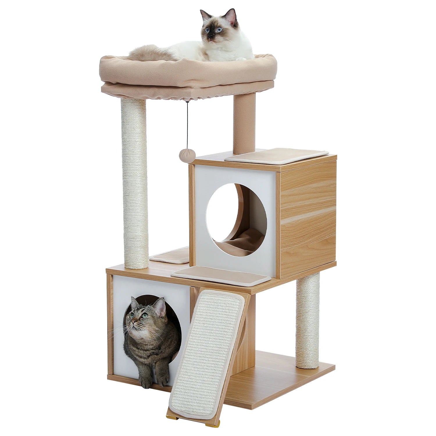 Wooden Cat Tower – Double Condos with Scratching Posts & Perches
