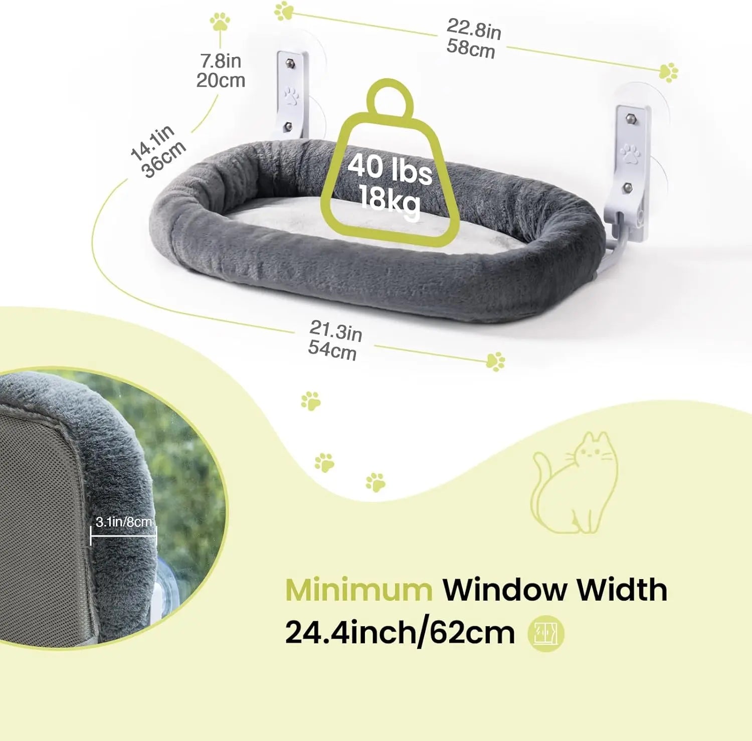Mewoofun Foldable Cat Window Perch – Cordless Cat Hammock with 4 Strong Suction Cups & Removable Soft Cover (White, Brown, Green)