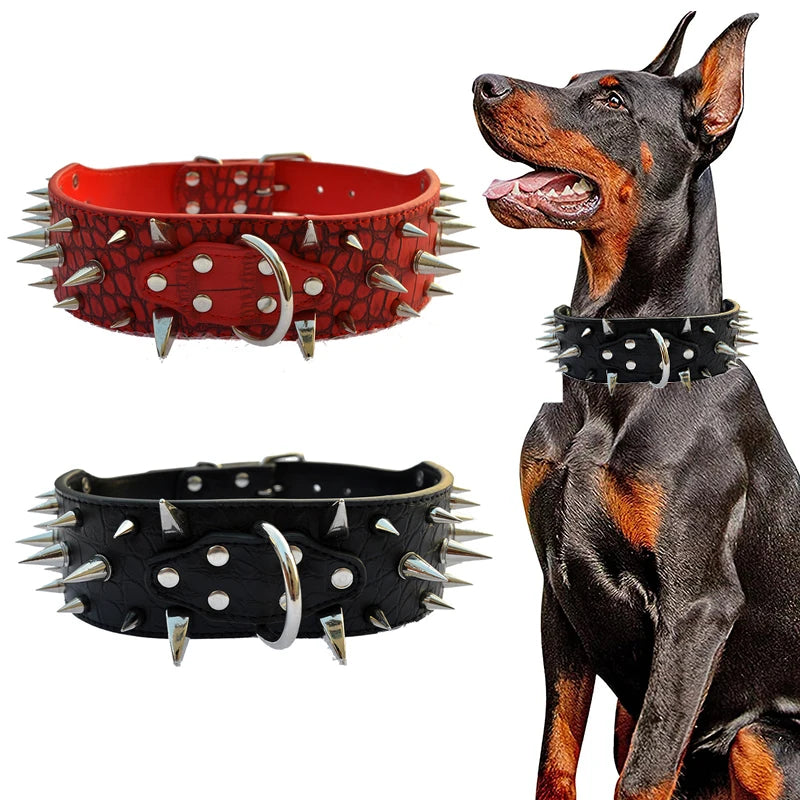 Adjustable Wide Rivet Dog Collar – Durable PU Leather Collar for Medium & Large Dogs | Protective Pet Neckwear