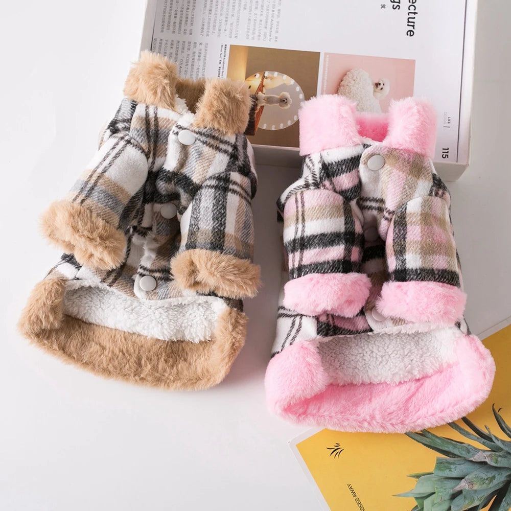 Winter Pet Jacket – Grid Cotton Coat with Fur Collar for Small Dogs (Chihuahua, French Bulldog, etc.)