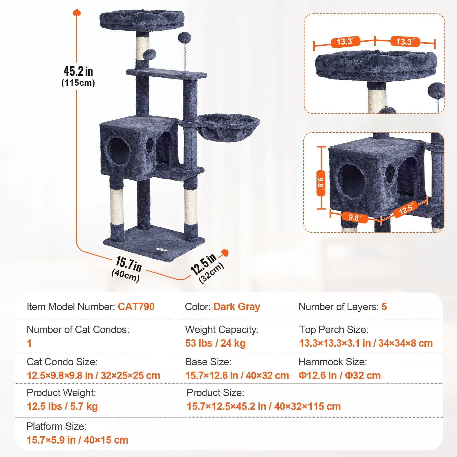 VEVOR 45.2" Cat Tree Tower – Multi-Level Cat Condo with Hammock, Top Perch & Sisal Scratching Posts (Dark Grey)