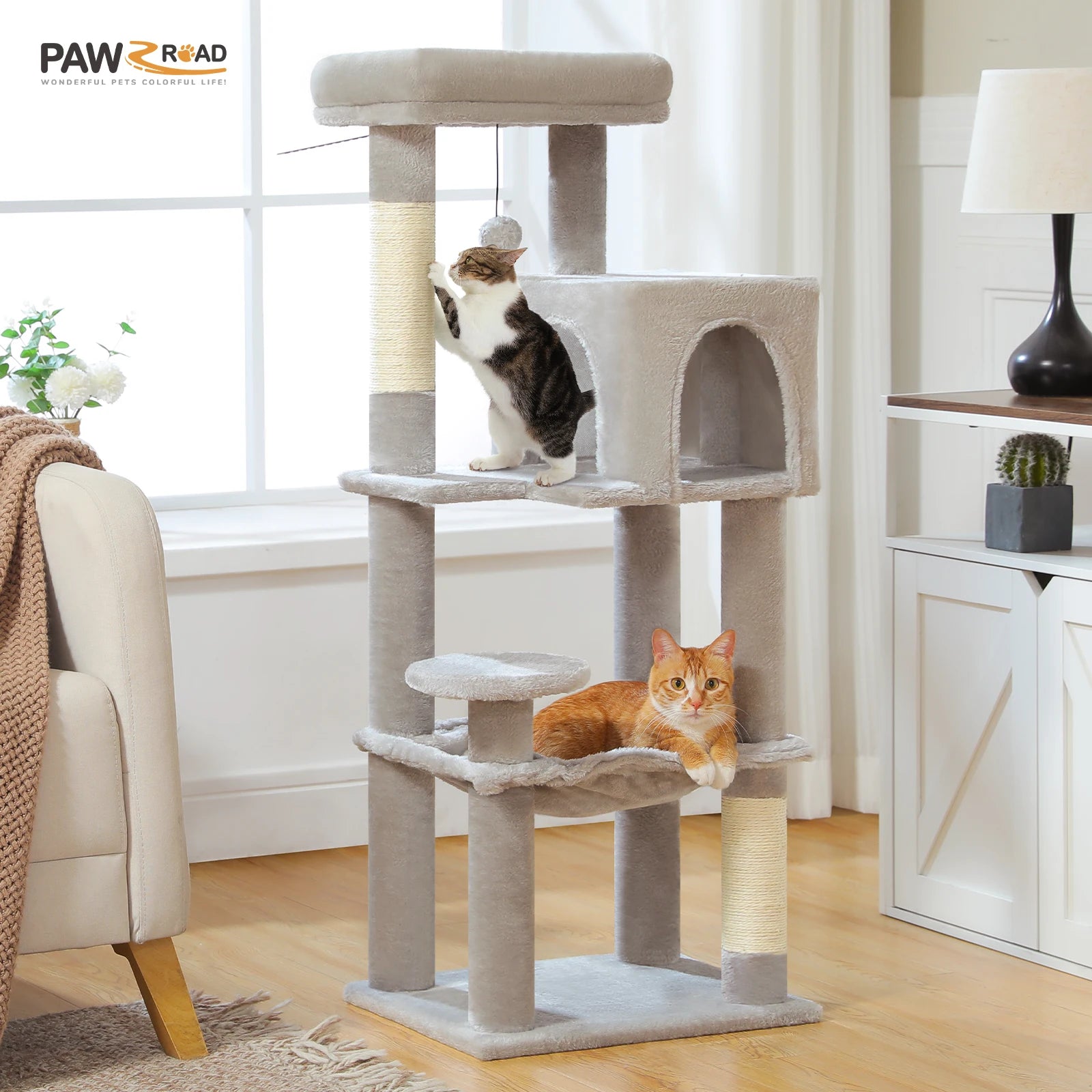Multi-Level Cat Tree – Indoor Tower with Condo, Hammock & Scratching Posts