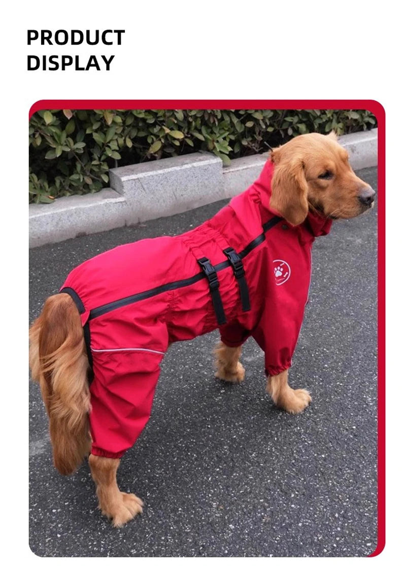 Waterproof Reflective Dog Raincoat – Red All-Weather Jacket for Large Dogs