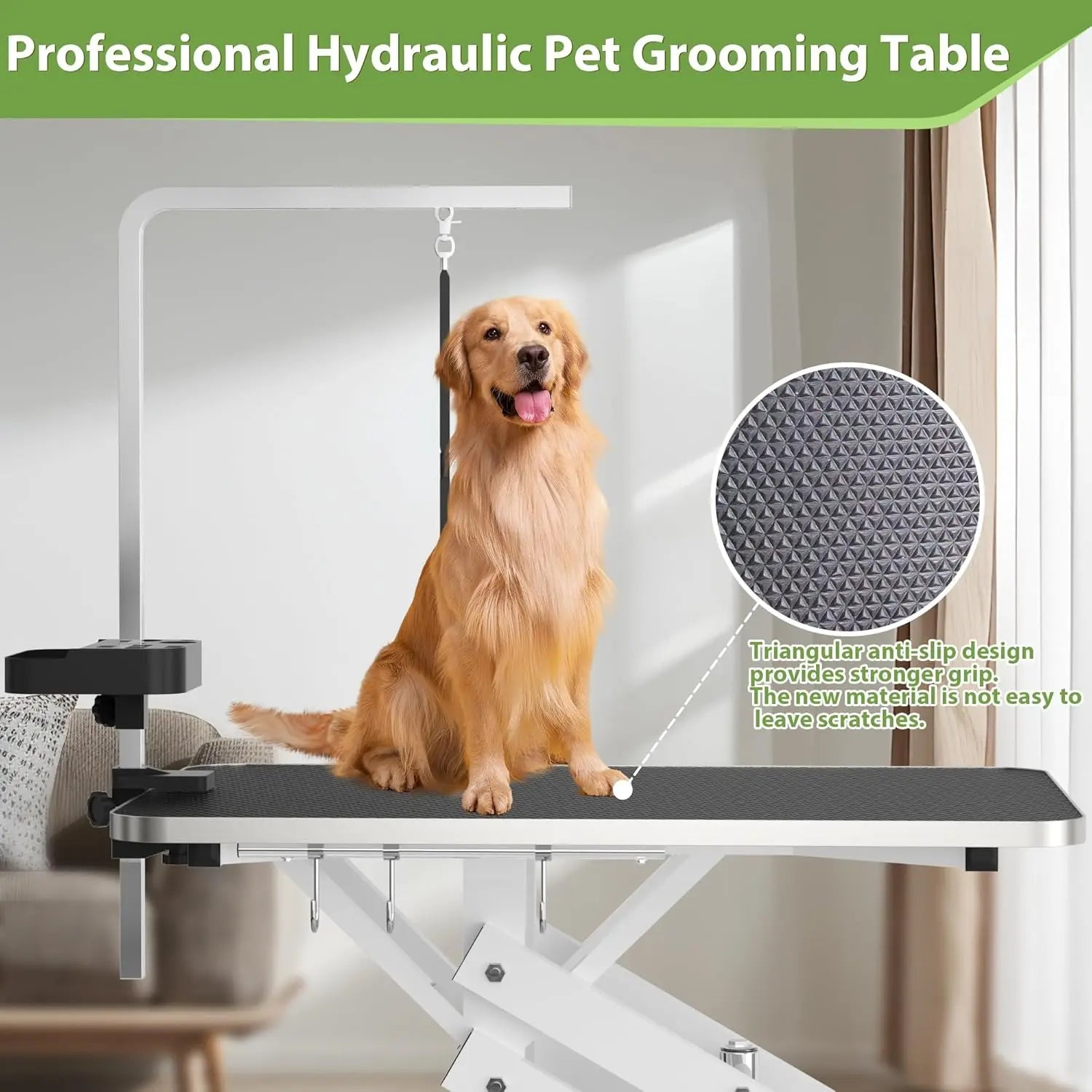 Hydraulic Pet Grooming Table with Z-Lift Base – Heavy-Duty Dog Grooming Station w/ Anti-Static Tabletop, Armrest & Leash Cover (330 lbs Capacity)