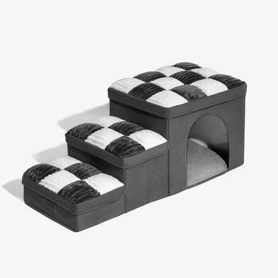 3-Step Folding Dog Stairs with Storage & Condo Bed – Handcrafted Design for High Beds & Sofas