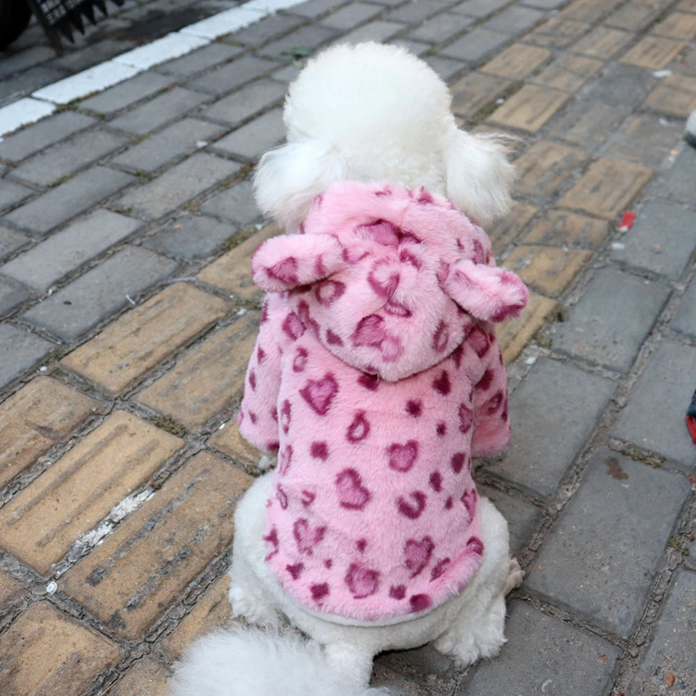 Leopard Fleece Dog Hoodie – Warm Winter Coat for Small Dogs