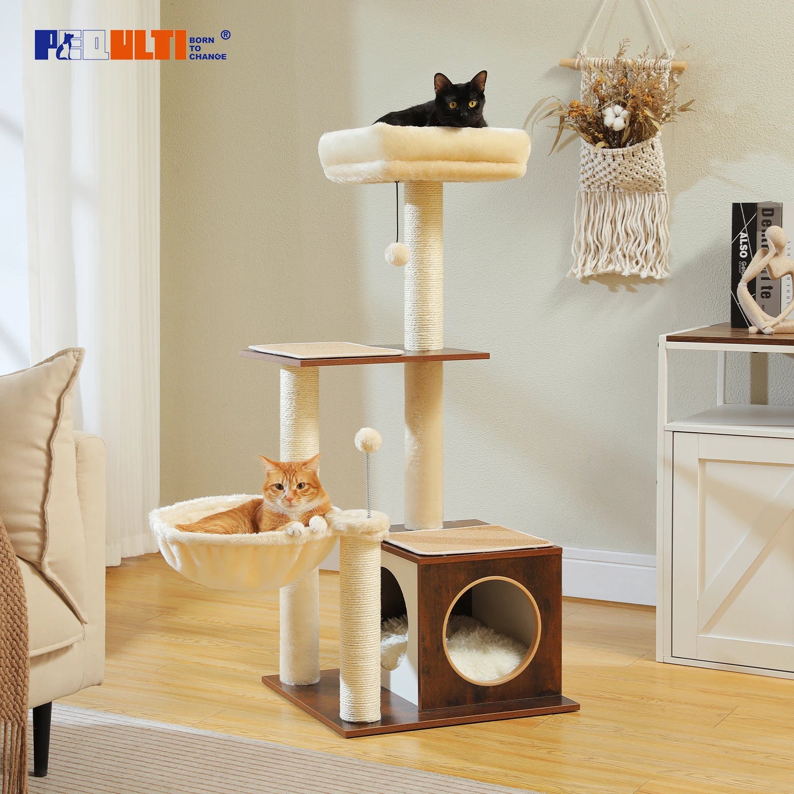 Modern Cat Tree – Multi-Level Wood Tower with Condo, Hammock & Scratching Posts