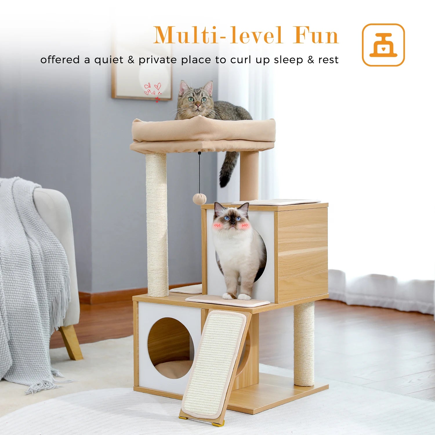 Wooden Cat Tower – Double Condos with Scratching Posts & Perches