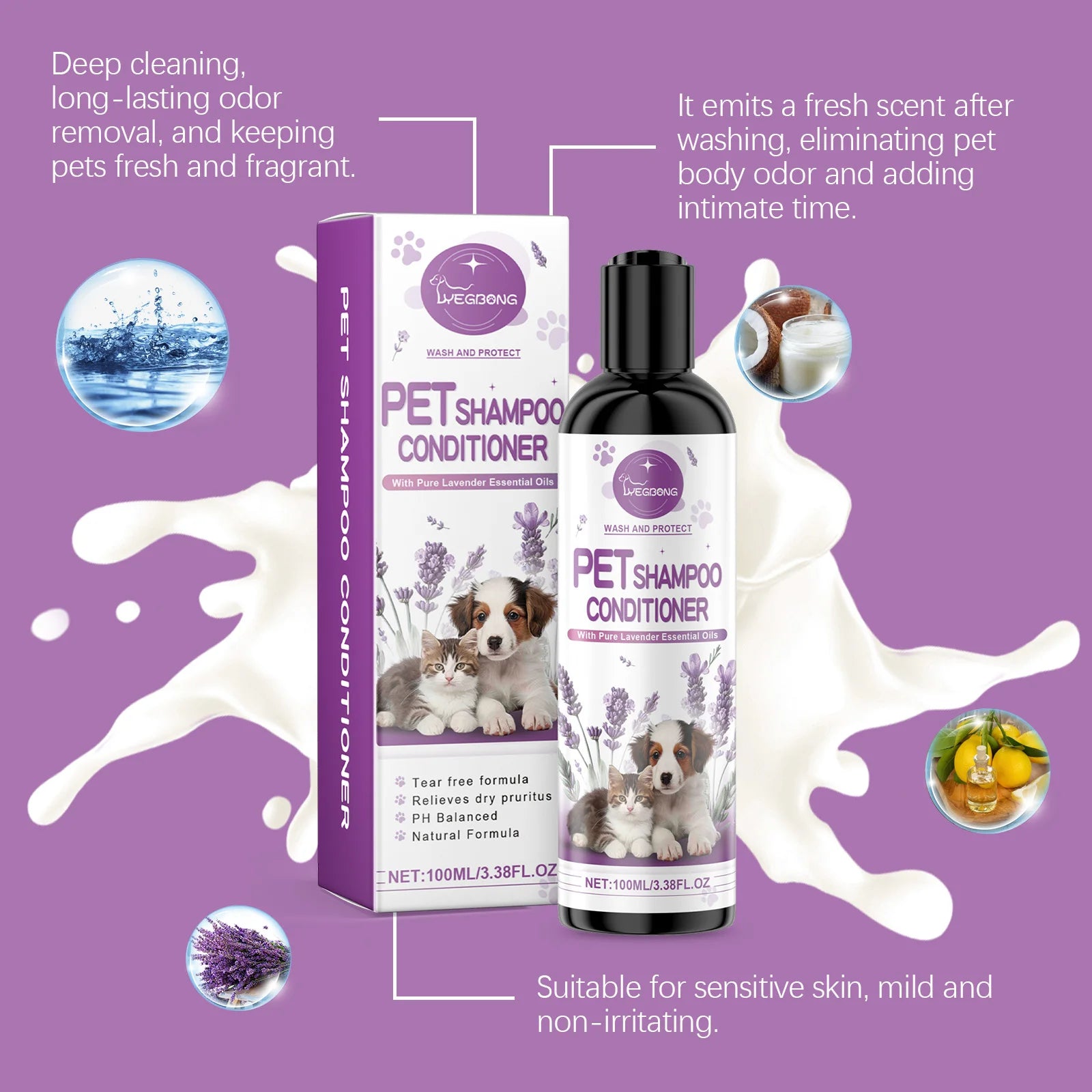 Yegbong Pet Lavender Shampoo – Gentle Cleansing Dog & Cat Shampoo for Soft, Smooth, Fluffy Fur