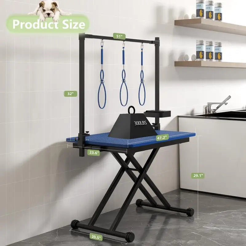 47" X-Lift Large Dog Grooming Table – Foldable Adjustable Pet Station with Arms, Nooses, Mesh Tray & Tool Rack (Blue)