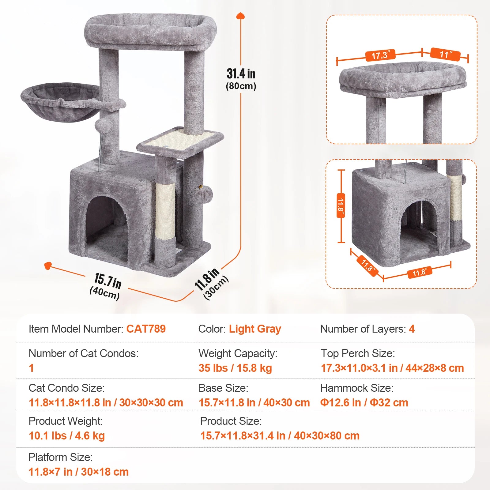 VEVOR 45.2" Cat Tree Tower – Multi-Level Cat Condo with Hammock, Top Perch & Sisal Scratching Posts (Dark Grey)