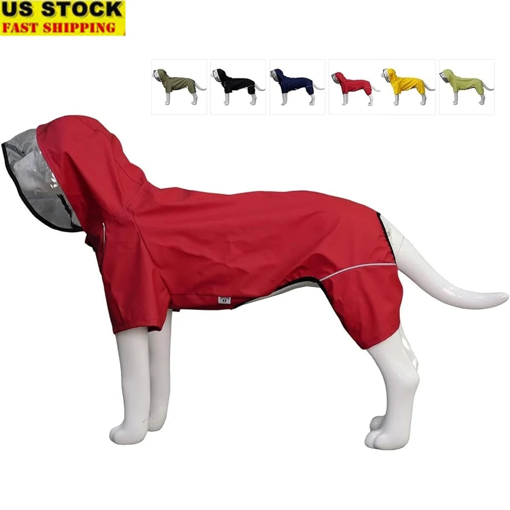 Four-Legged Waterproof Dog Raincoat with Transparent Hood – Reflective, Windproof Jacket for Medium and Large Dogs