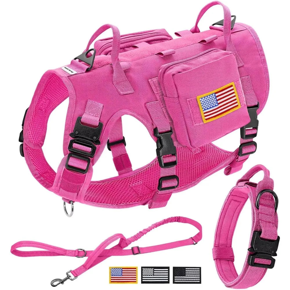 💖 Pink Tactical Dog Harness Set – No-Pull Military-Grade Gear for Large Dogs