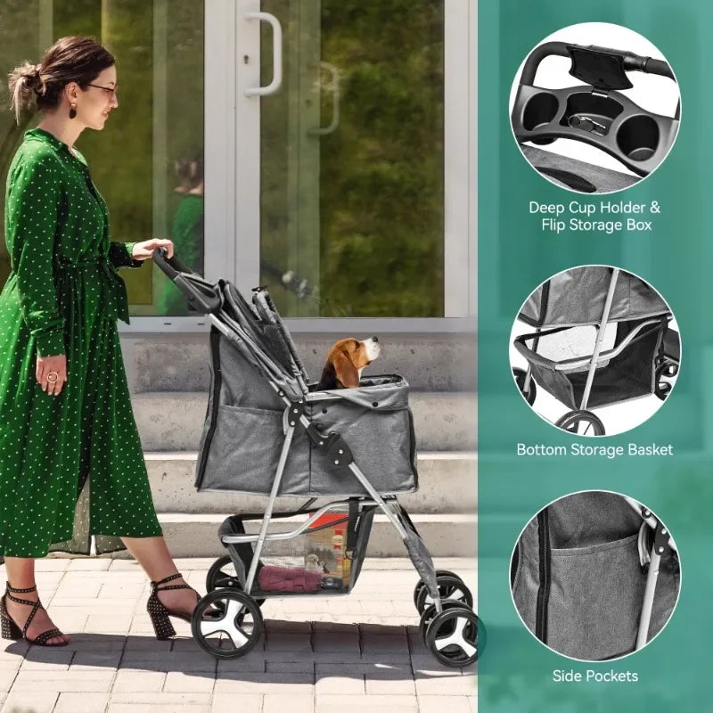 Foldable Dog Stroller for Small & Medium Pets – 360° Swivel Wheels & Storage Basket