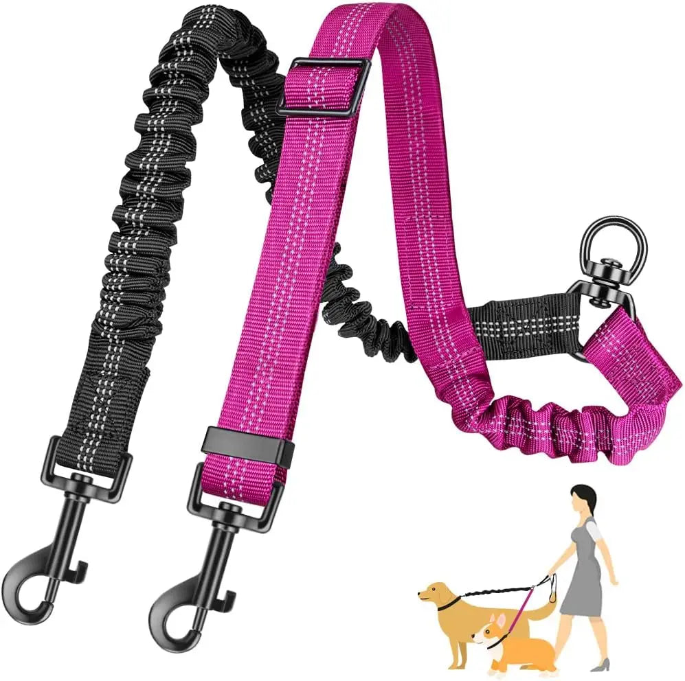 1.6ft Dual Dog Leash Attachment – Adjustable No-Tangle Bungee Coupler for Small to Large Dogs