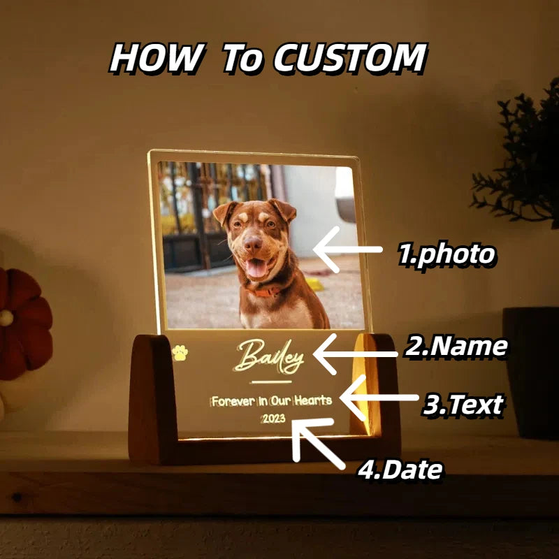 Custom Pet Photo LED Night Light – Acrylic & Wooden Stand