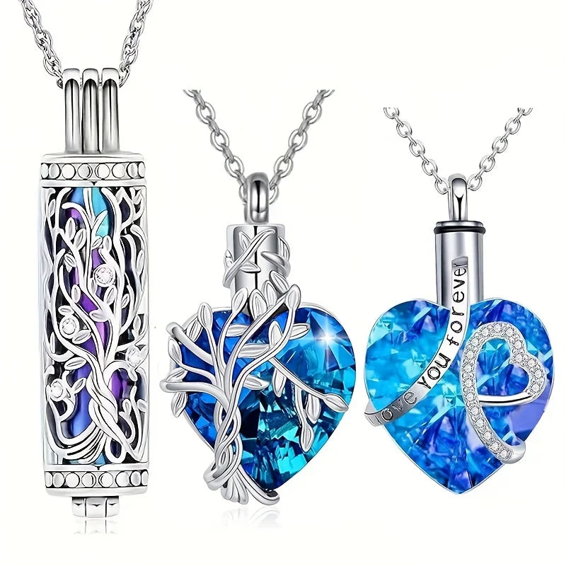 3pcs Cremation Urn Necklace Set – Tree of Life Cylinder & Heart Memorial Jewelry for Ashes