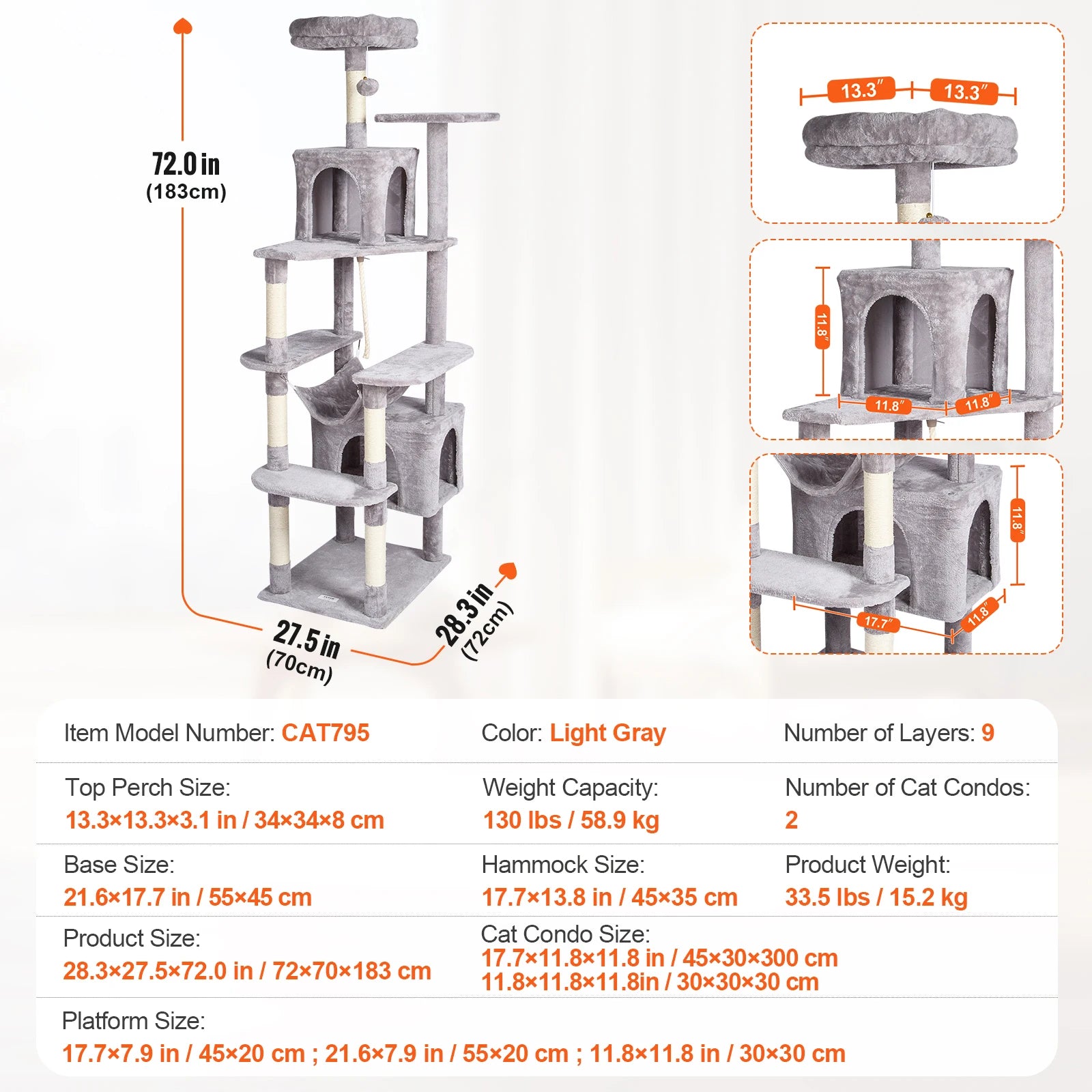 VEVOR 45.2" Cat Tree Tower – Multi-Level Cat Condo with Hammock, Top Perch & Sisal Scratching Posts (Dark Grey)