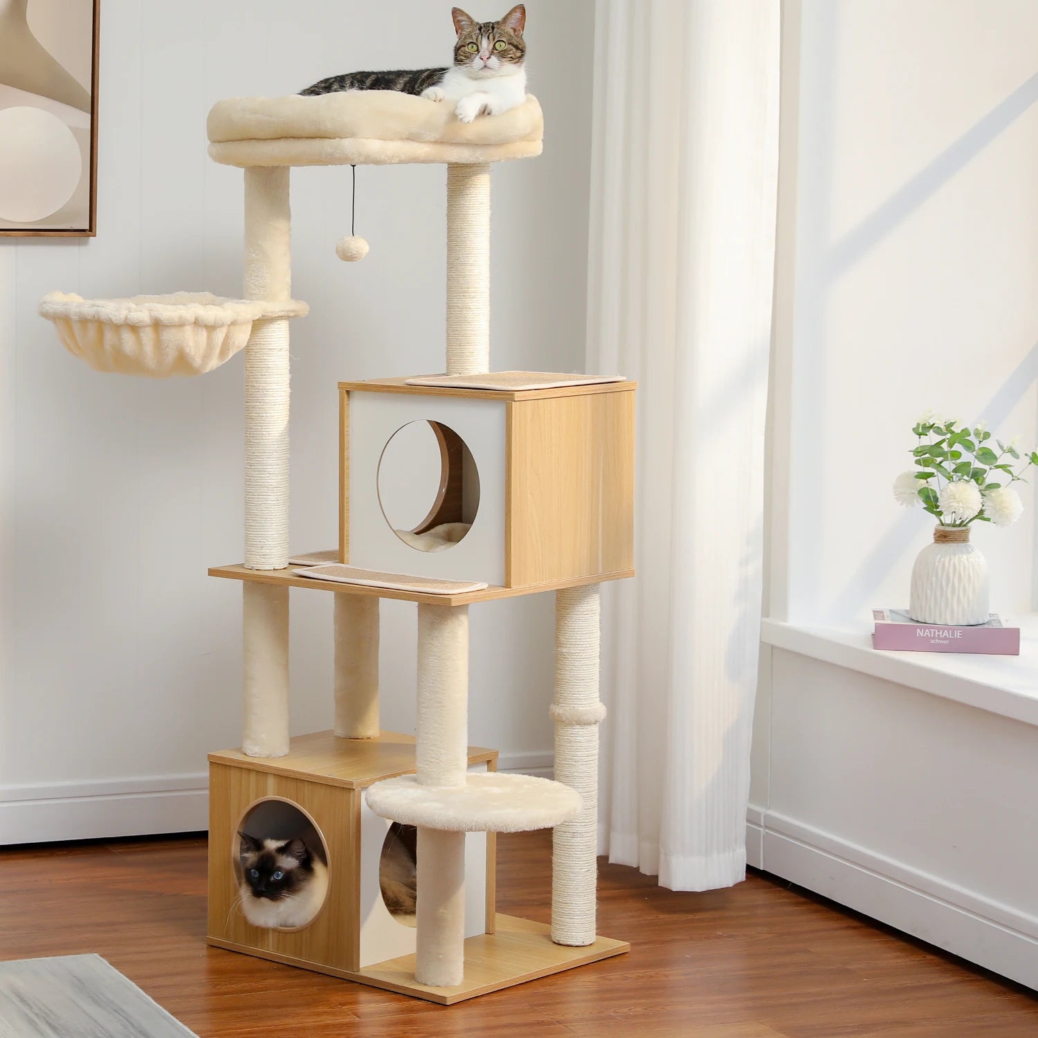 130cm Cat Tree Tower – Wooden Indoor Cat Condo with Hammock & Perches