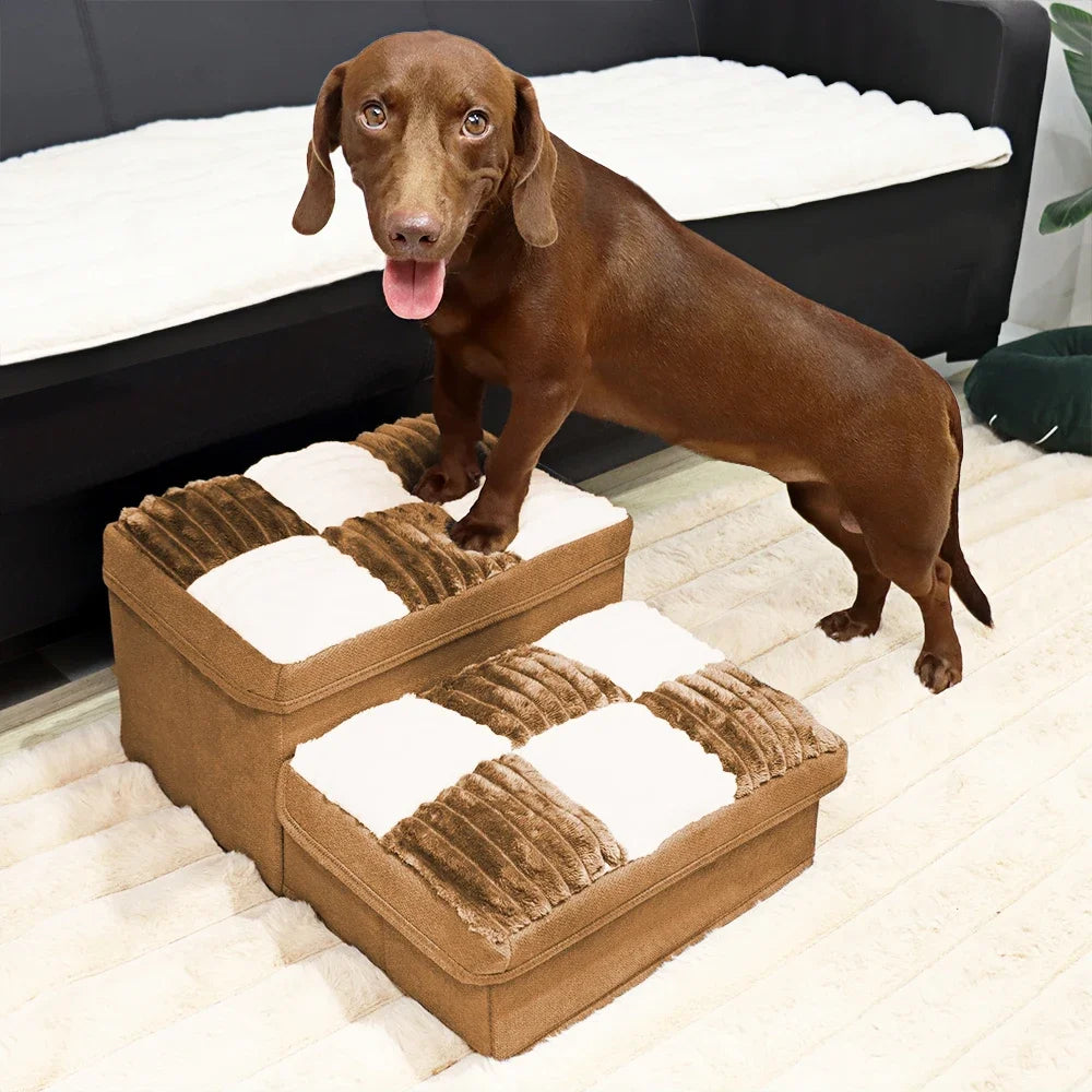 3-Step Folding Dog Stairs with Storage & Condo Bed – Handcrafted Design for High Beds & Sofas
