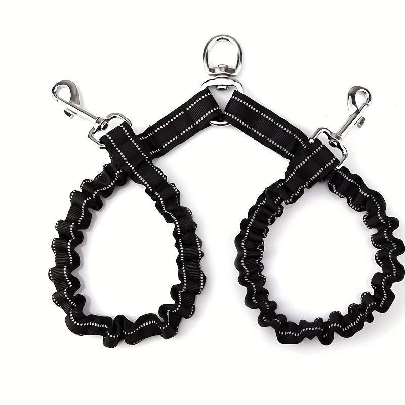 No-Tangle Double Dog Leash – Shock Absorbing Reflective Bungee Coupler for Two Dogs