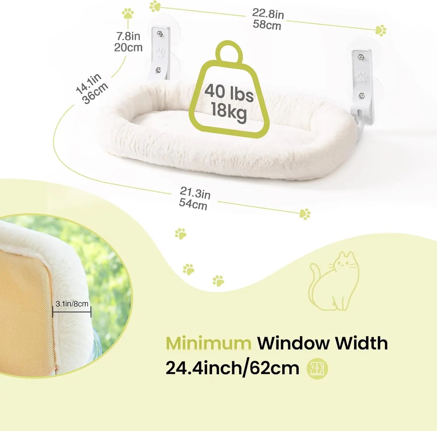 Mewoofun Foldable Cat Window Perch – Cordless Cat Hammock with 4 Strong Suction Cups & Removable Soft Cover (White, Brown, Green)