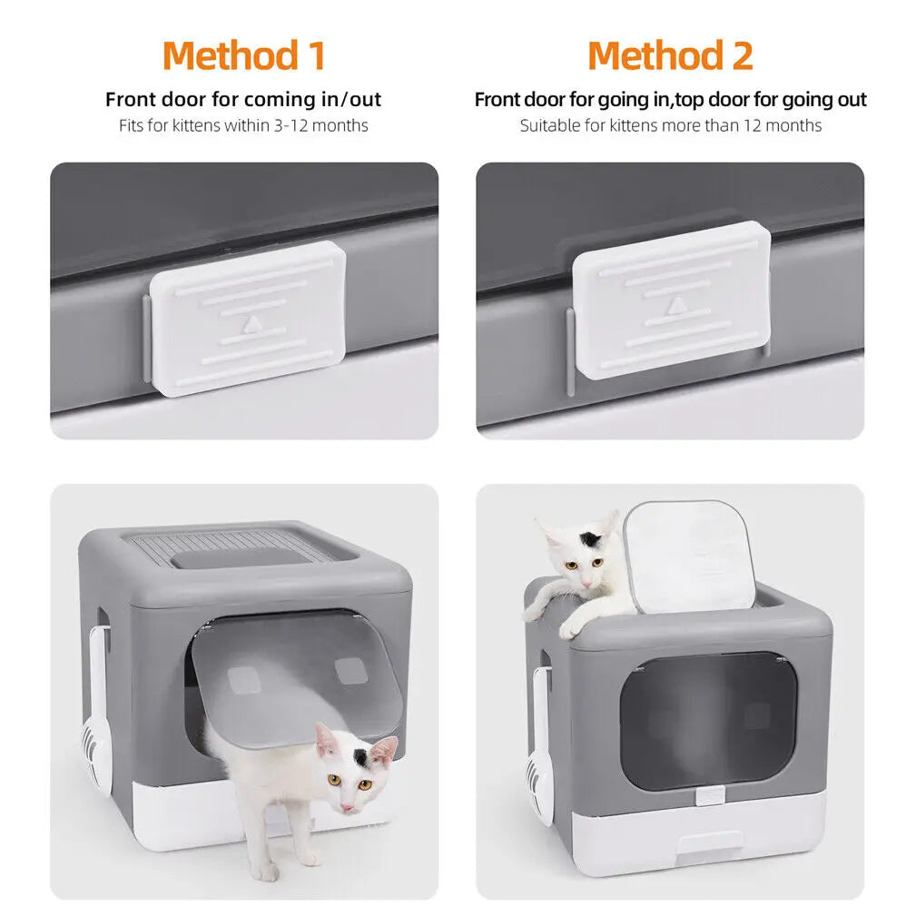 Enclosed Foldable Cat Litter Box with Scoop & Tray – Sifting, Detachable Design with Top & Front Entry for Easy Cleaning