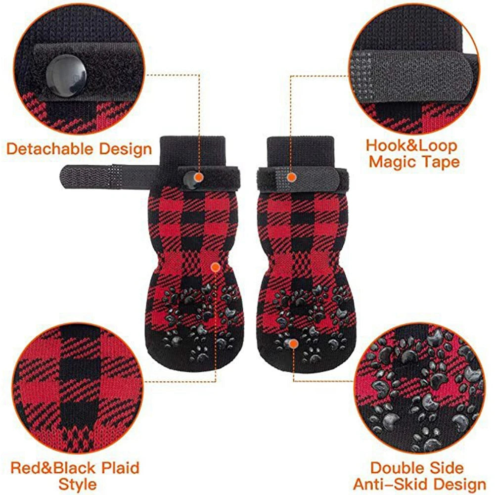 4-Pack Anti-Slip Dog Socks – Adjustable Paw Protectors with Rubber Grip for Indoor Traction