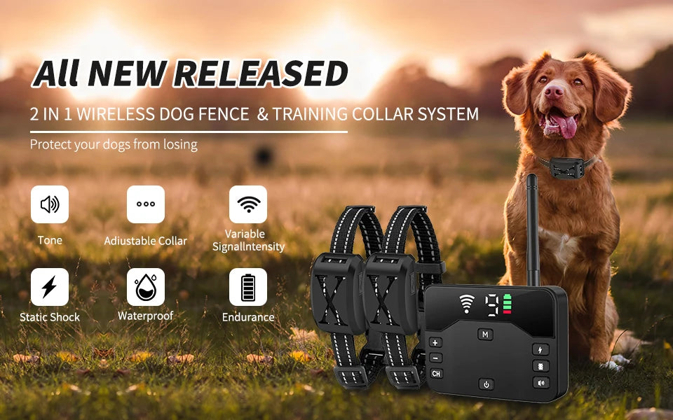 2-in-1 Wireless Dog Fence & Training Collar – Rechargeable Remote with Beep, Vibration & Shock Modes