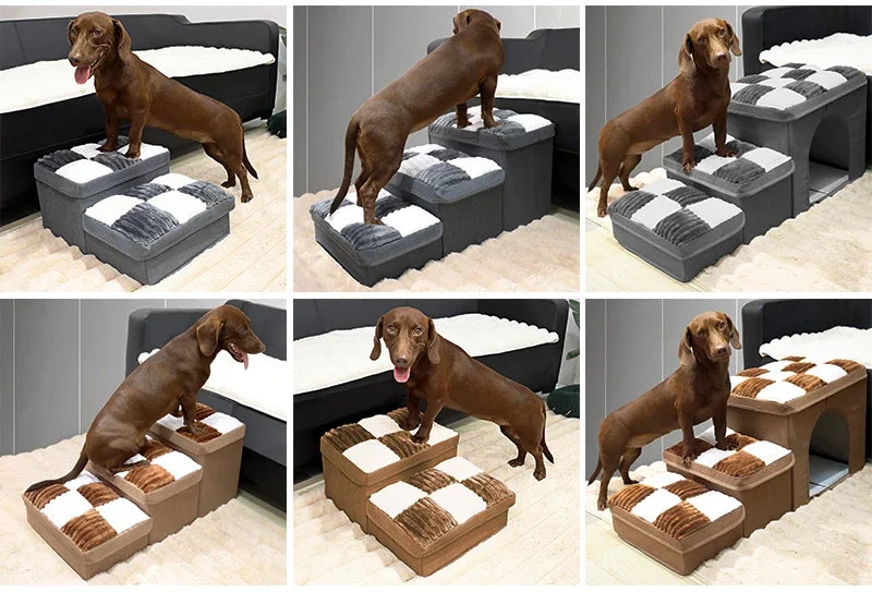 3-Step Folding Dog Stairs with Storage & Condo Bed – Handcrafted Design for High Beds & Sofas