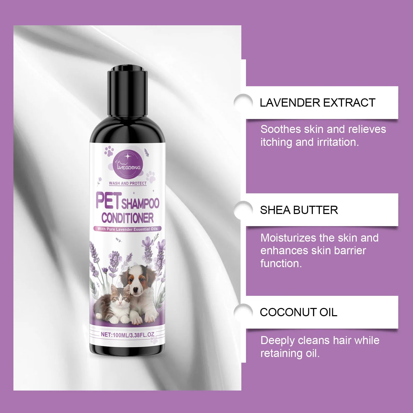 Yegbong Pet Lavender Shampoo – Gentle Cleansing Dog & Cat Shampoo for Soft, Smooth, Fluffy Fur