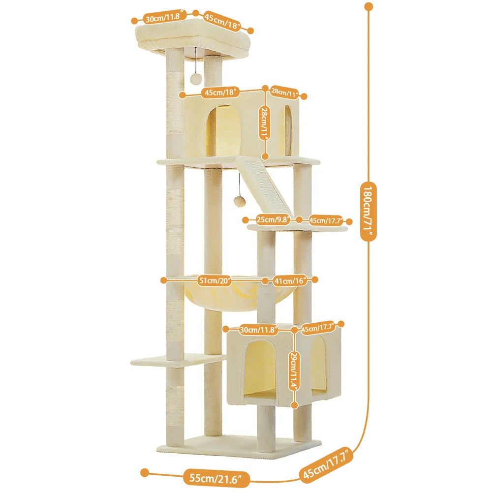 180cm Large Cat Tree Tower – Multi-Level Cat Condo with Hammock, Spacious Perch & Sisal Scratching Posts