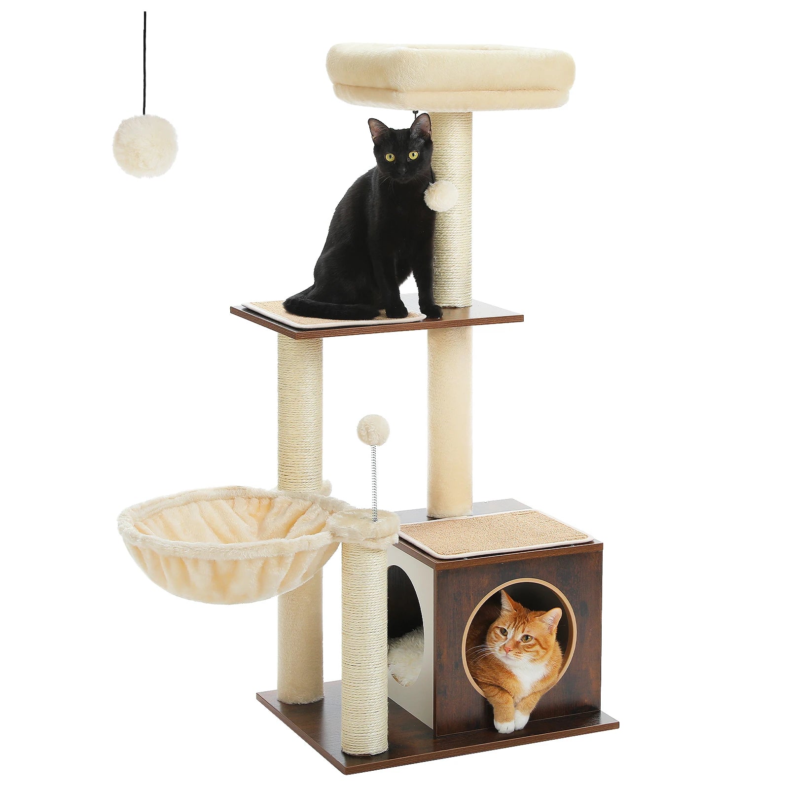 Modern Cat Tree – Multi-Level Wood Tower with Condo, Hammock & Scratching Posts