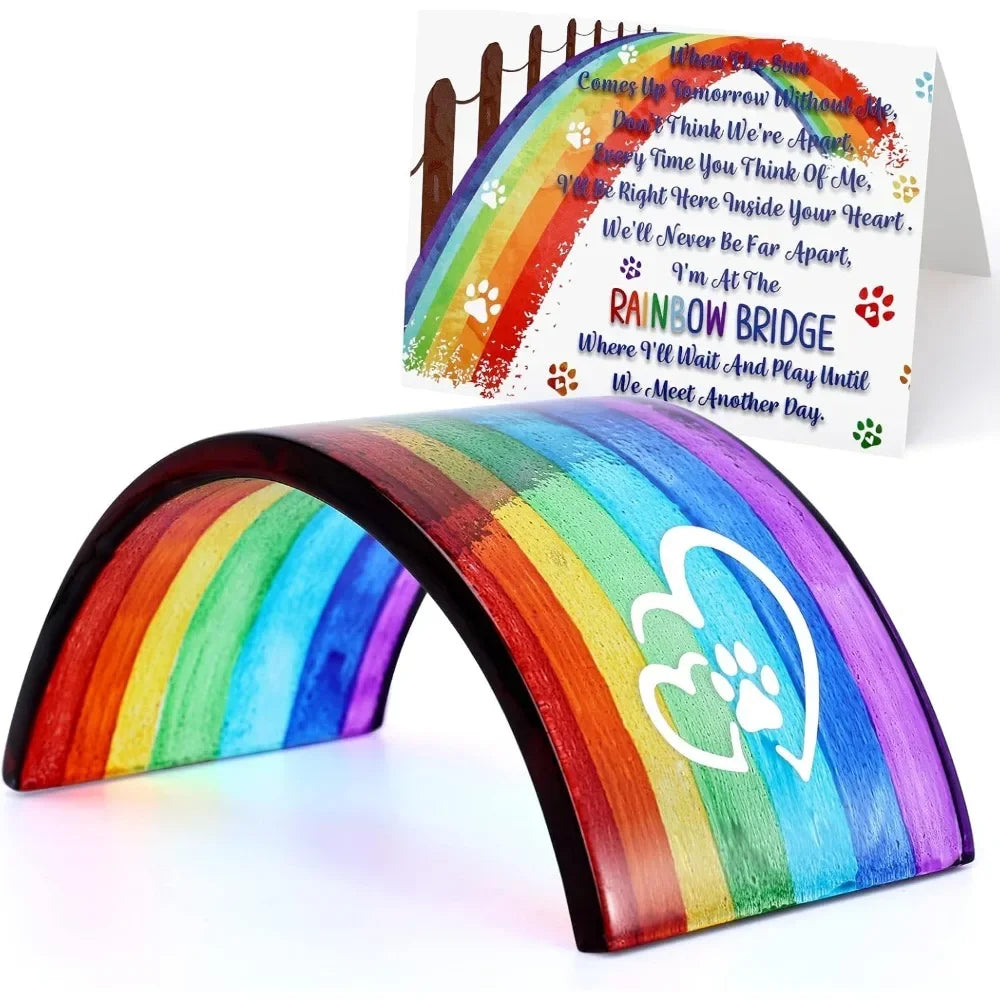 Rainbow Bridge Fused Glass Memorial Gift – 3D Colorful Bridge with Sympathy Card for Pet Loss (Dog, Cat, Guinea Pig)
