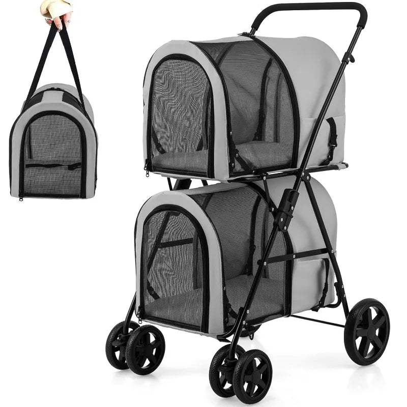 Giantex Double Pet Stroller with 2 Detachable Carrier Bags – Foldable Cat & Dog Stroller with Safety Belts & Lockable Wheels
