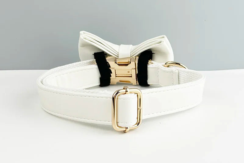 White Leather Dog Collar & Leash Set – Custom Engraved Nameplate